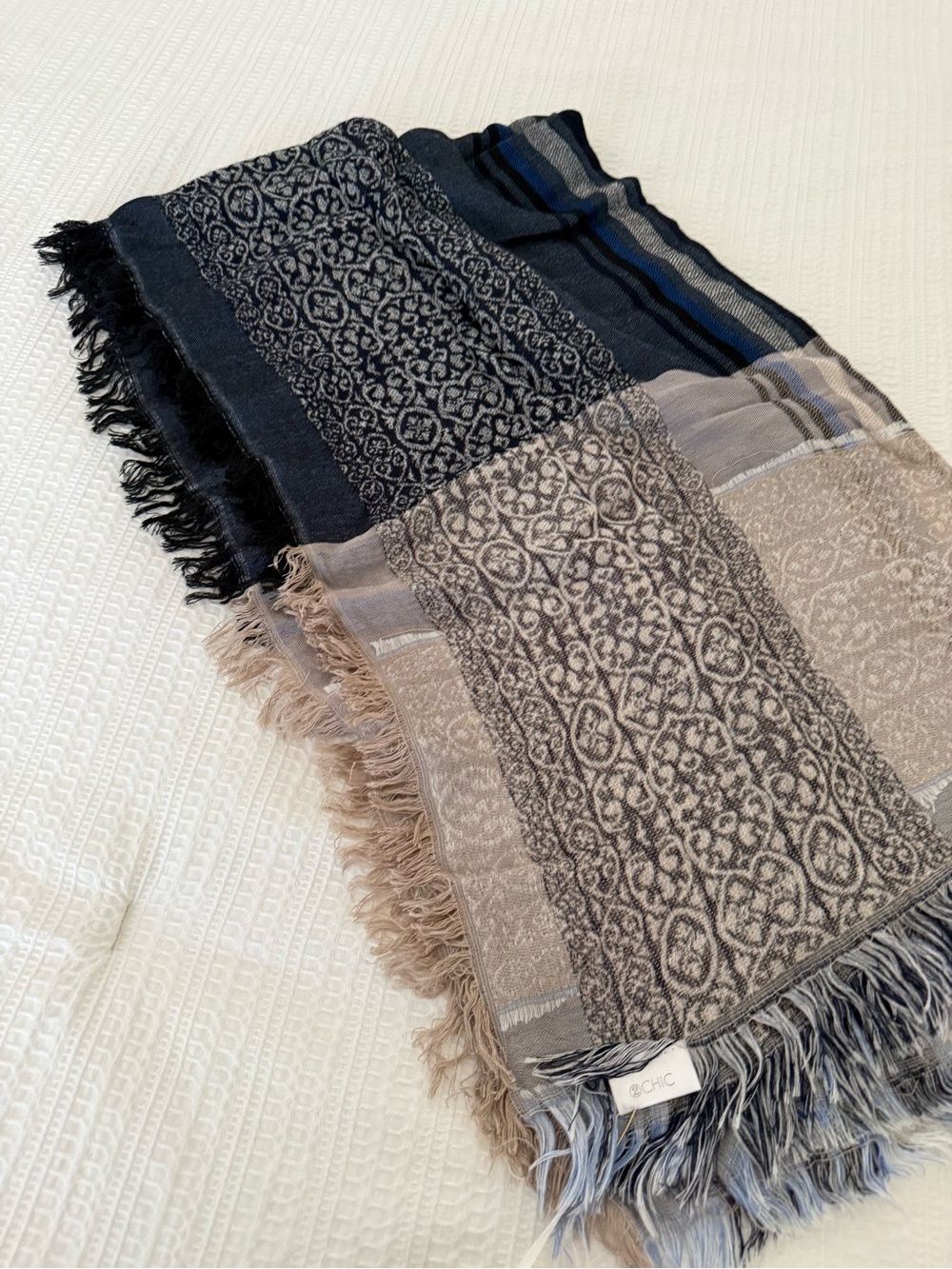 Textured Patterned Fringe Scarf in Navy and Taupe